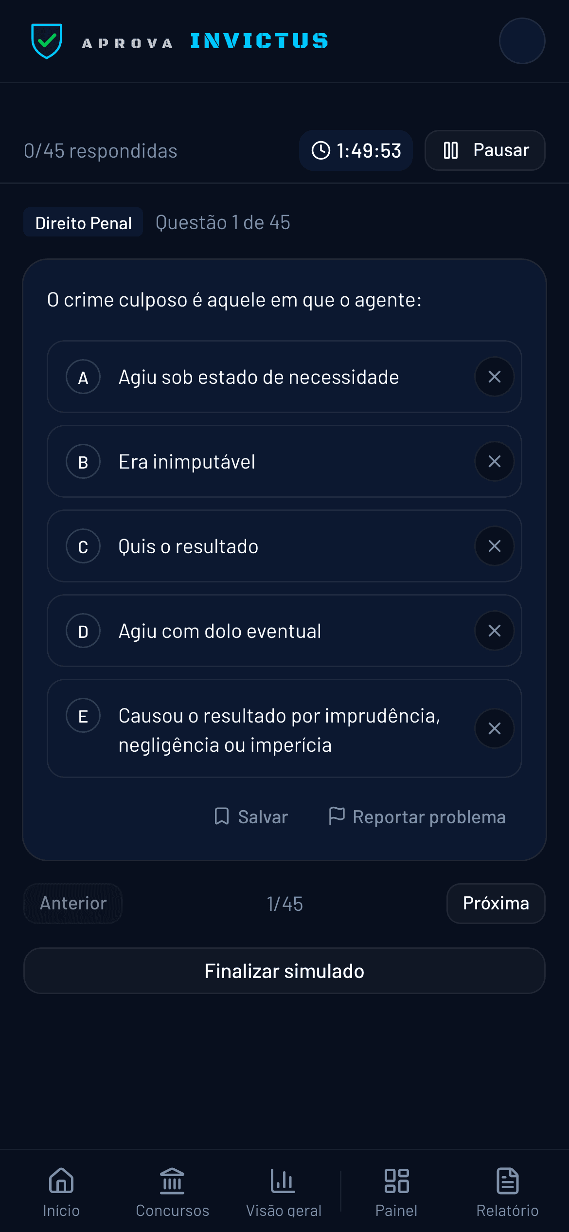 Simulado em andamento com cronômetro regressivo e contador de questões